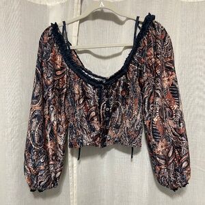NWT Free People Paisley Smocked Boho Crop Top Long Sleeve Size Small